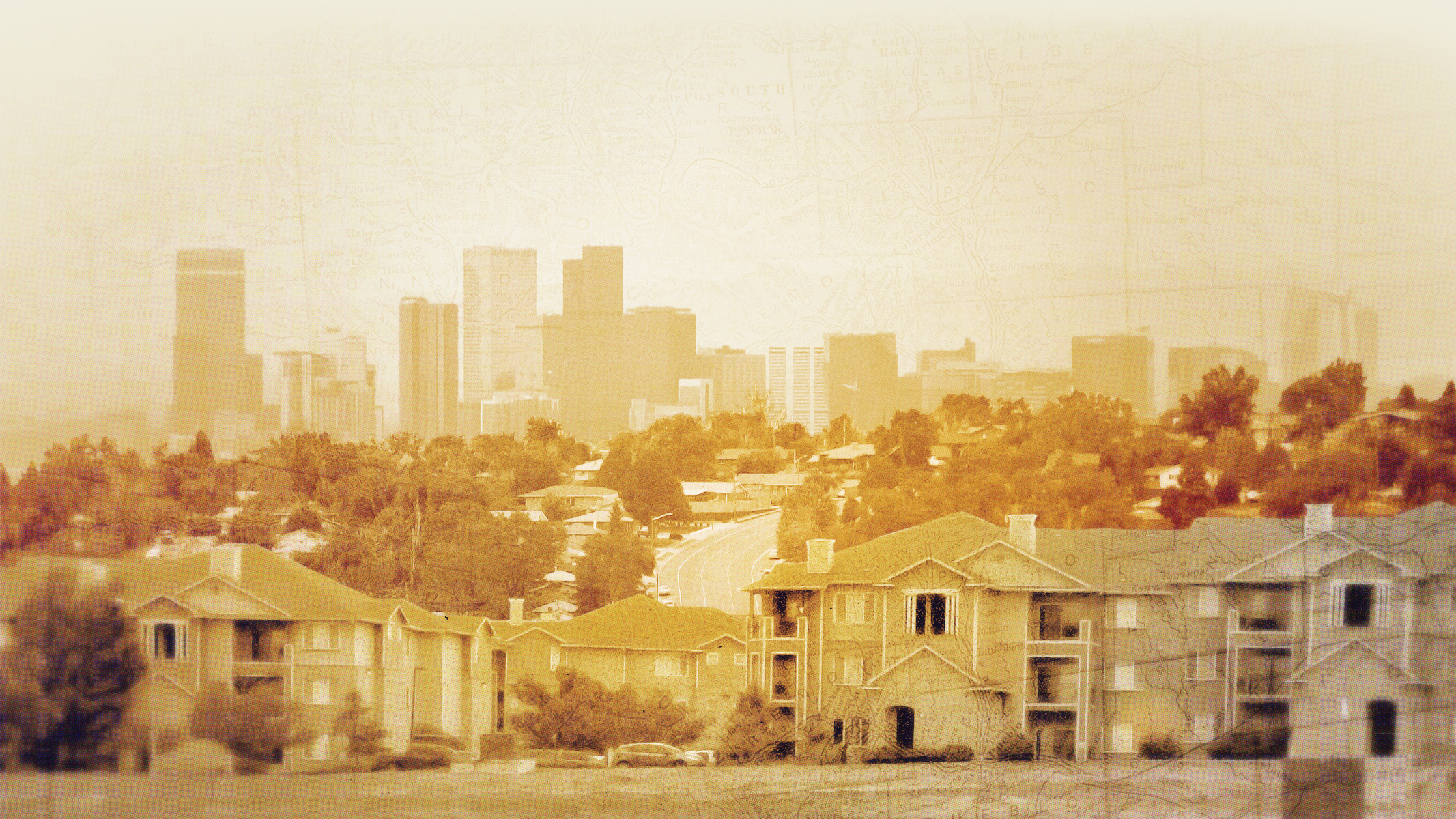 A sepia-toned photo of residential buildings showcases the blend of suburban and urban environments, hinting at the intricacies of housing market prices.