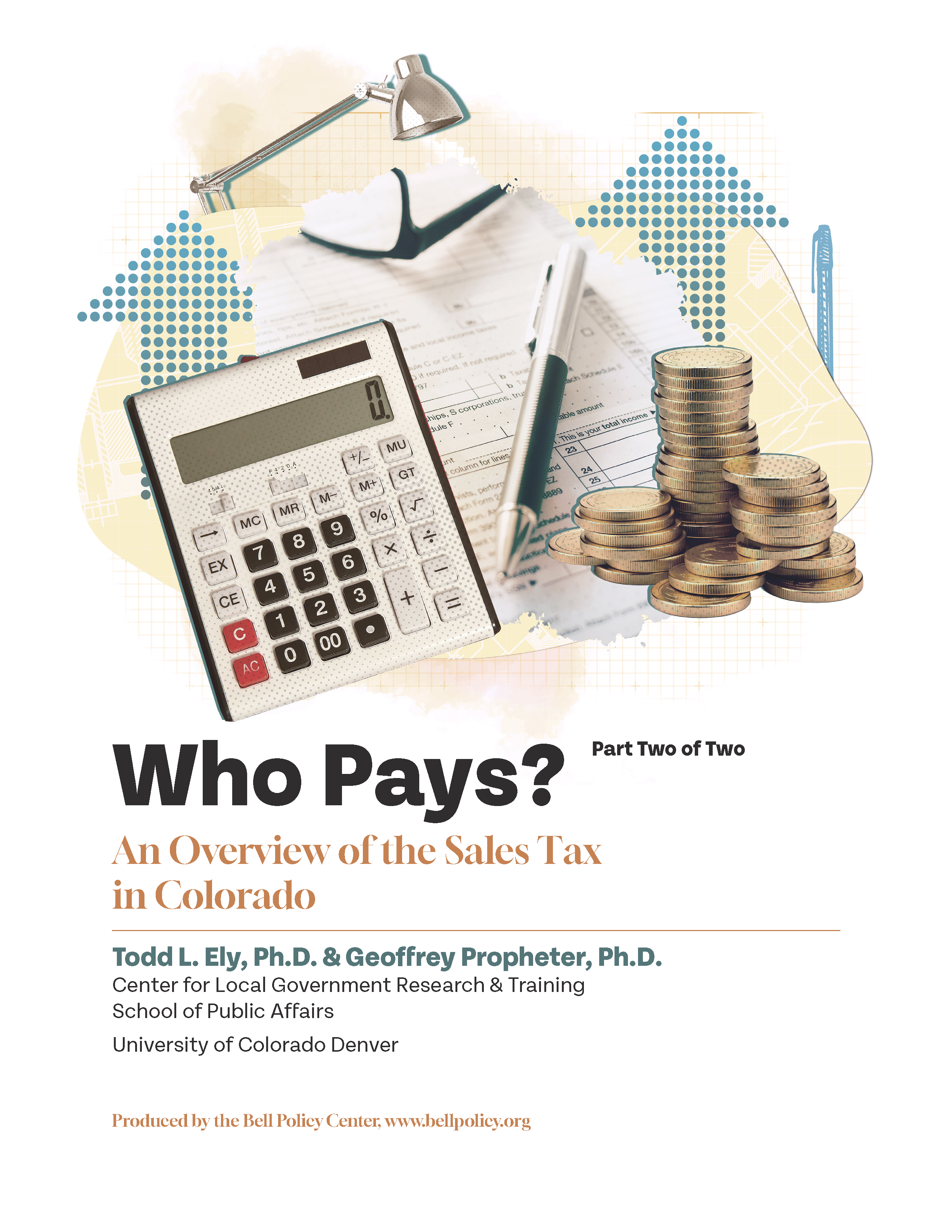 Financial planning concept with calculator, coins, pen, and eyeglasses, highlighting a report on taxes in Colorado.