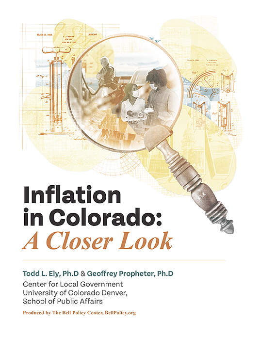 A conceptual poster titled "Colorado Inflation: A Closer Look" featuring a light bulb with illustrations of economic elements and authored by Todd L. Ely, Ph.D. & Geoffrey Propheter