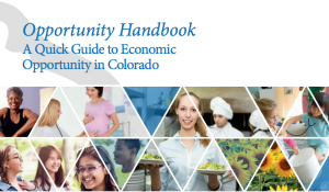 Cover of the 'Opportunity Handbook 2017: A Quick Guide to Economic Opportunity in Colorado' featuring a collage of diverse individuals engaged in various professions.