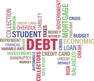 A word cloud themed around debt, with terms such as "student loan debt," "overdue," "mortgage," and "loan" emphasized in larger fonts.