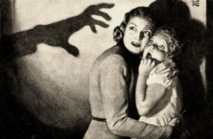 A vintage illustration of a woman and a child looking alarmed at a large shadowy hand, shaped like numbers, on the wall, hinting at the presence of the Big-Number Boogeyman