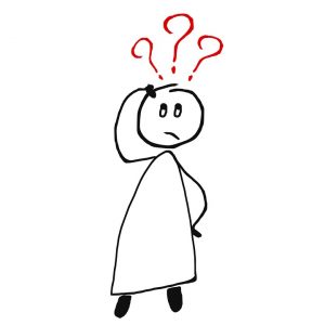 A simple stick figure with a quizzical expression and three red question marks above its head, encapsulating the "Answers We Need" theme of 2017.