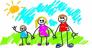 Child-like drawing of a family holding hands under the sun.