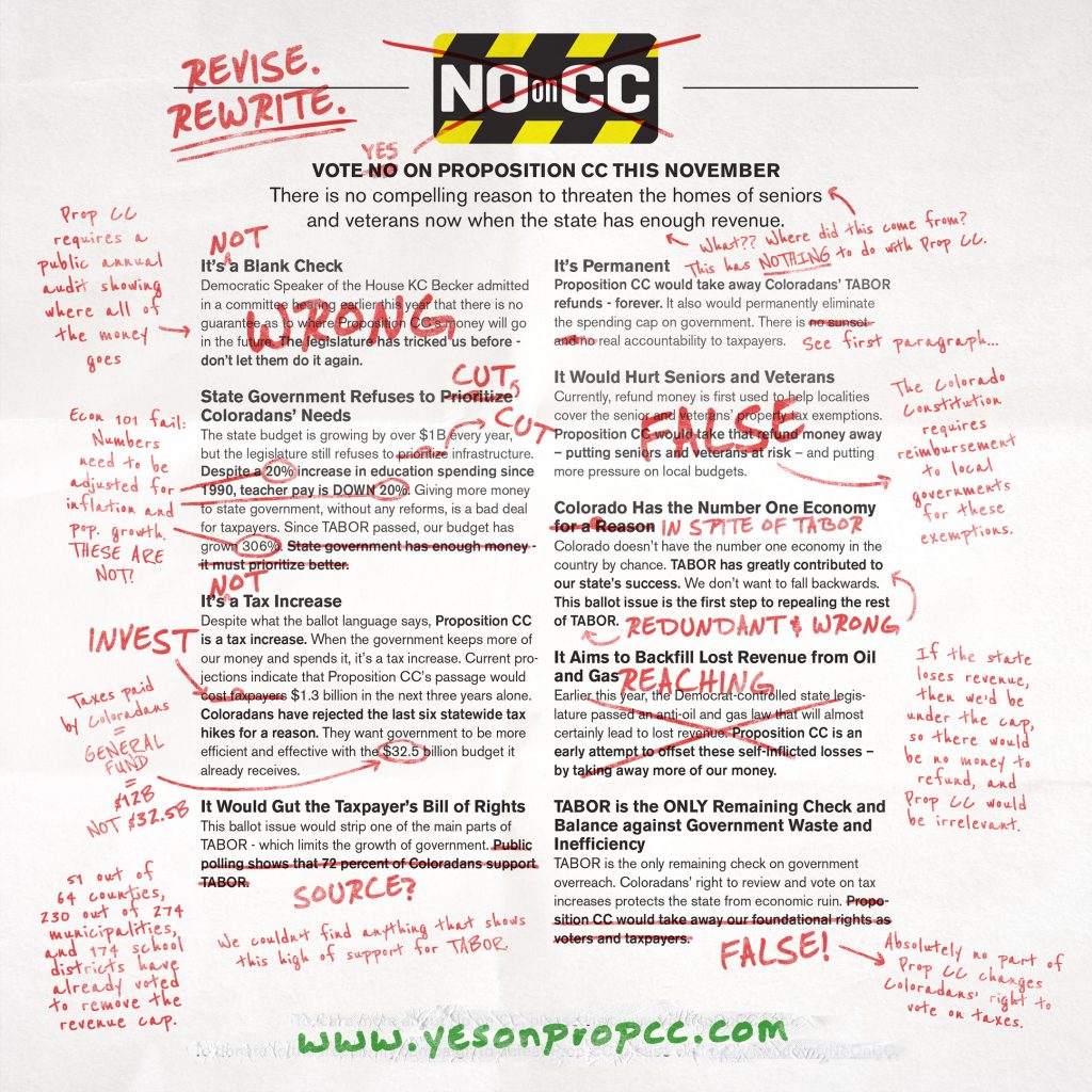 Annotated Election poster arguing against proposition cc in Colorado, filled with handwritten comments and corrections.