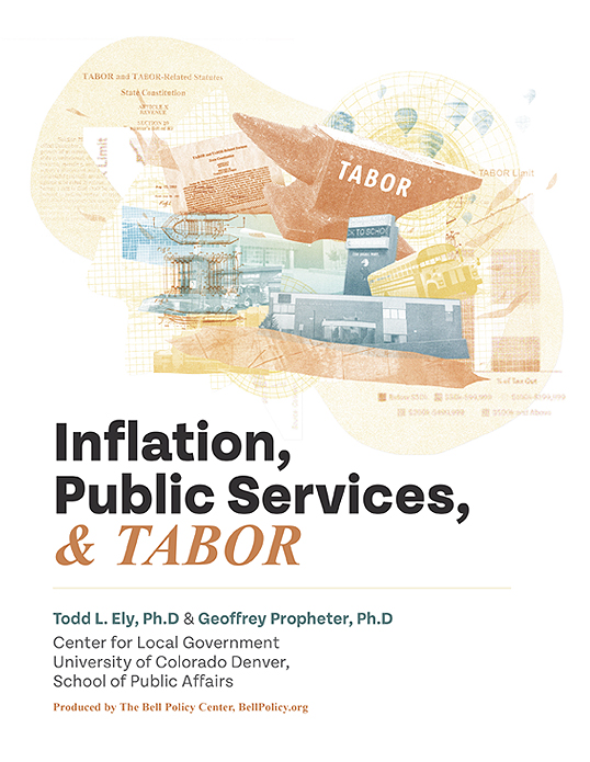 Graphic representation of a report cover on Colorado inflation and public services by Todd L. Ely, Ph.D., and Geoffrey Propheter, Ph.D., from the University of Colorado Denver, produced by