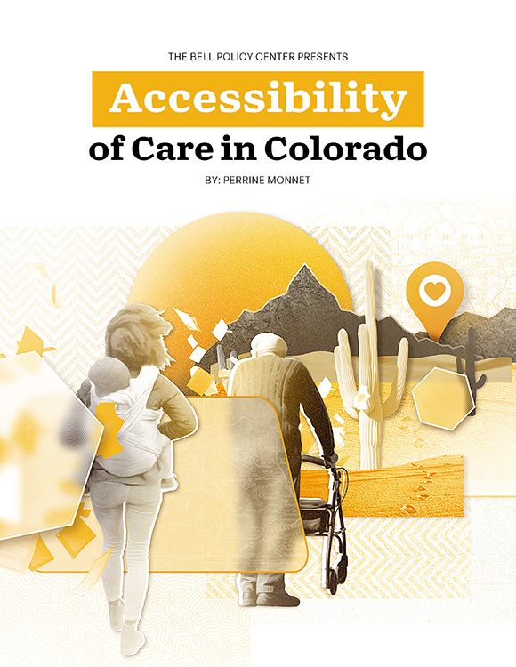 Collage-style graphic representation highlighting "accessibility of direct care and child care in Colorado" featuring a silhouette of an adult and child with thematic elements related to healthcare and location.