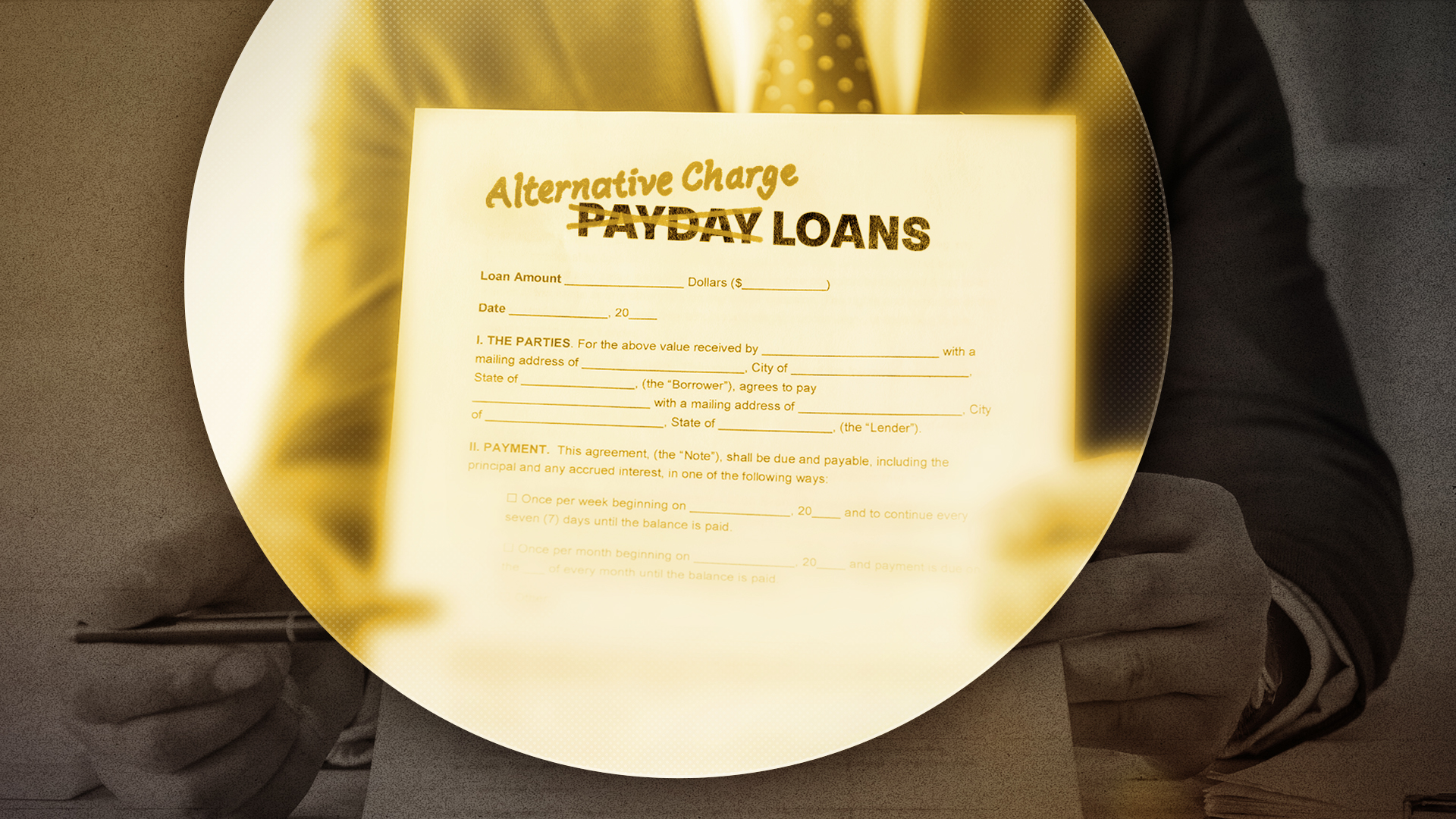 Illustration showing a contract with "Alternative Charge Loans" written over "Payday Loans"