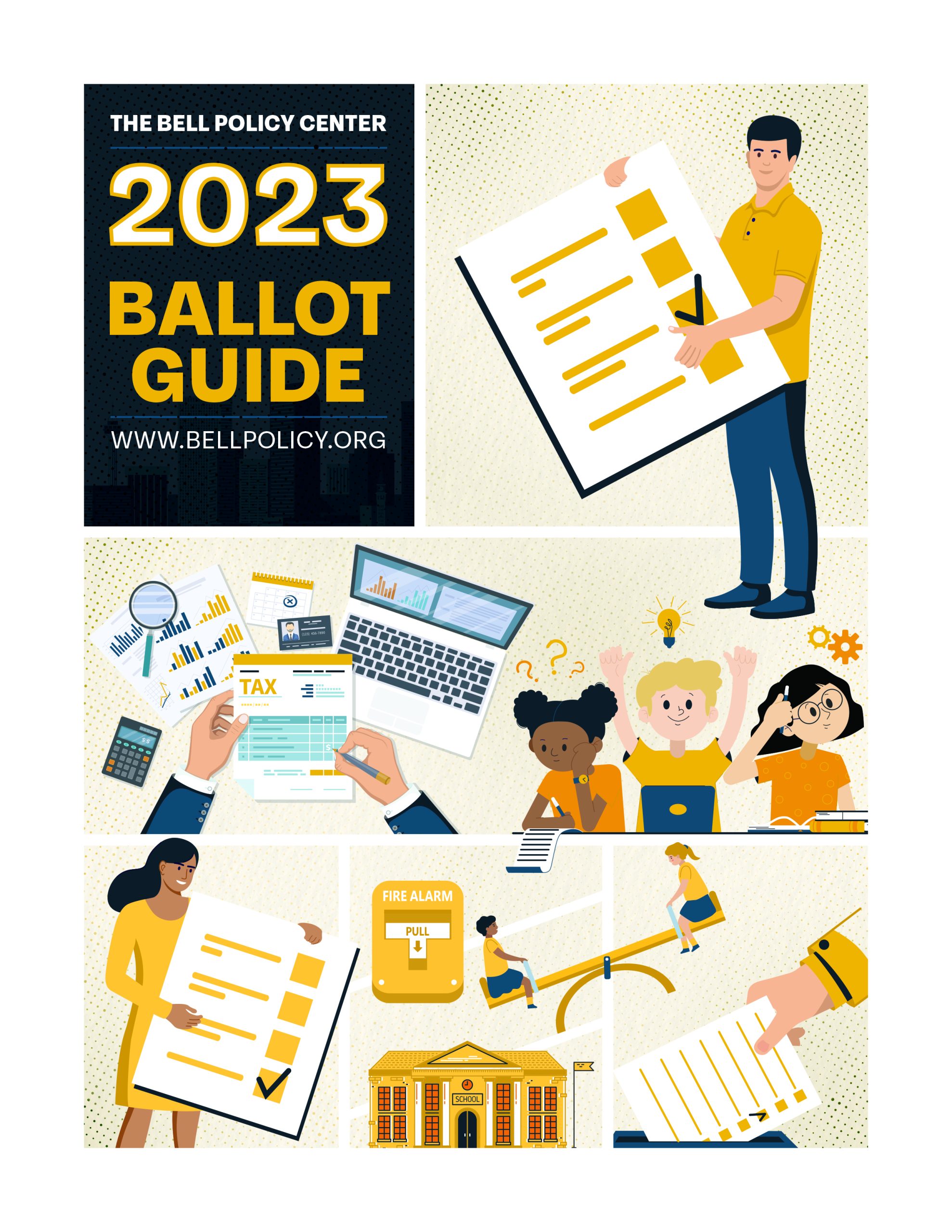 A colorful illustration featuring various scenes related to the electoral process, including people voting, discussing issues, and reviewing the 2023 Colorado Ballot Guide from the bell policy center.