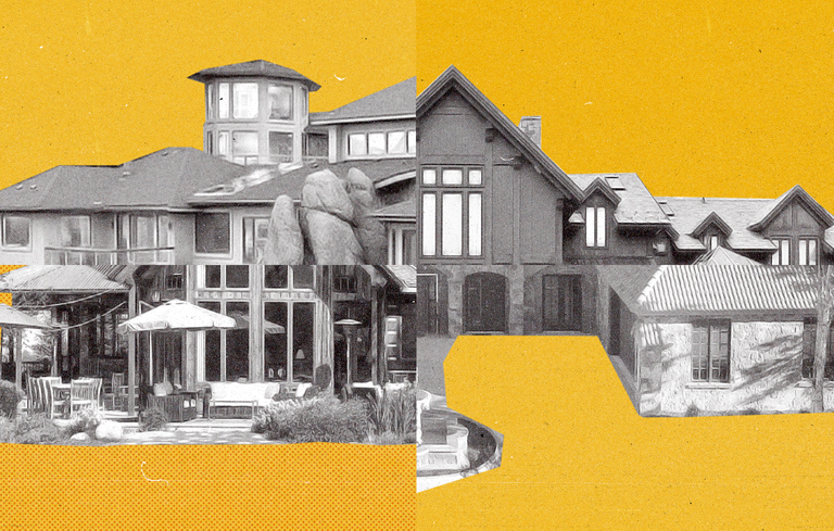 Collage of traditional houses on a two-tone background.