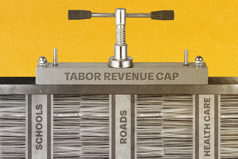 Clamp labeled "debrucing revenue cap" compressing stacks of paper labeled "schools," "roads," and "healthcare" against a yellow background.