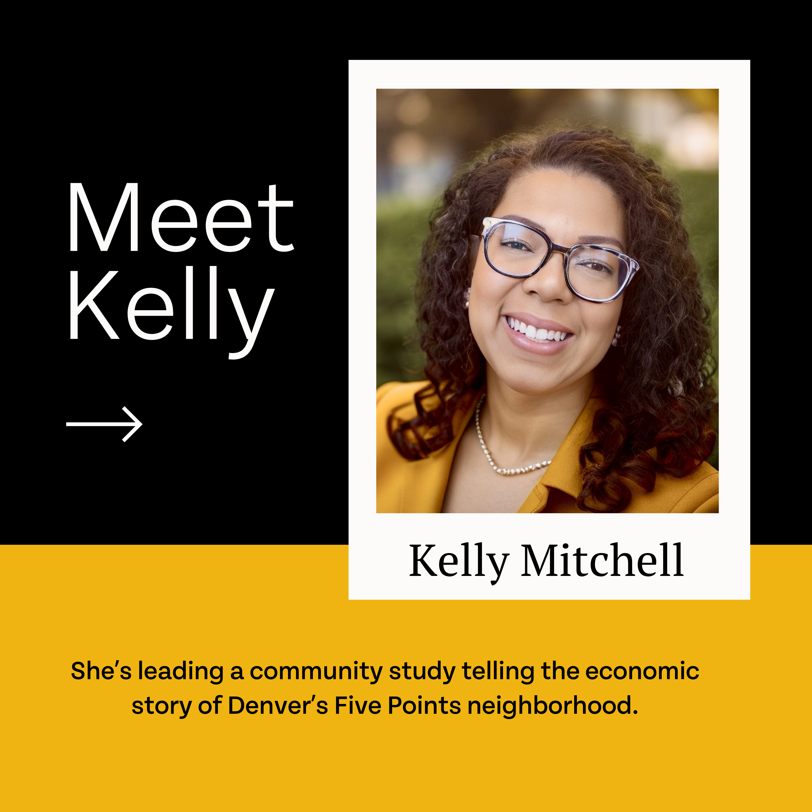 Portrait of a smiling woman named Kelly Mitchell, highlighted as a storyteller with fellowships for Denver's Five Points neighborhood.