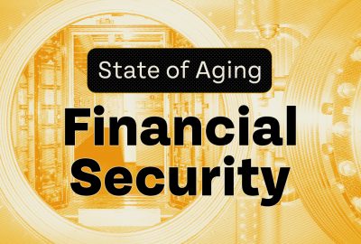 Graphic overlay with the text "state of aging - financial security" on a background depicting circuit board elements.