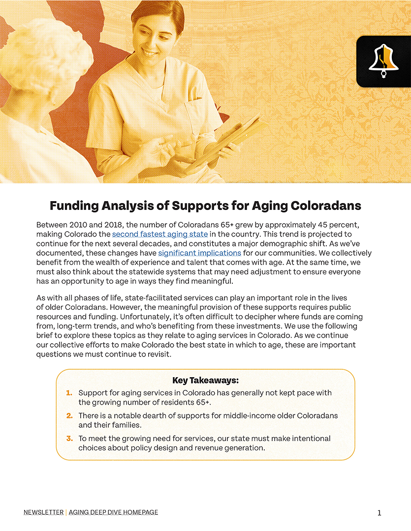Infographic discussing funding analysis for support services for aging Coloradans, highlighting the state’s growth in older residents and detailing key takeaways for improving their well-being through an enhanced caring workforce.