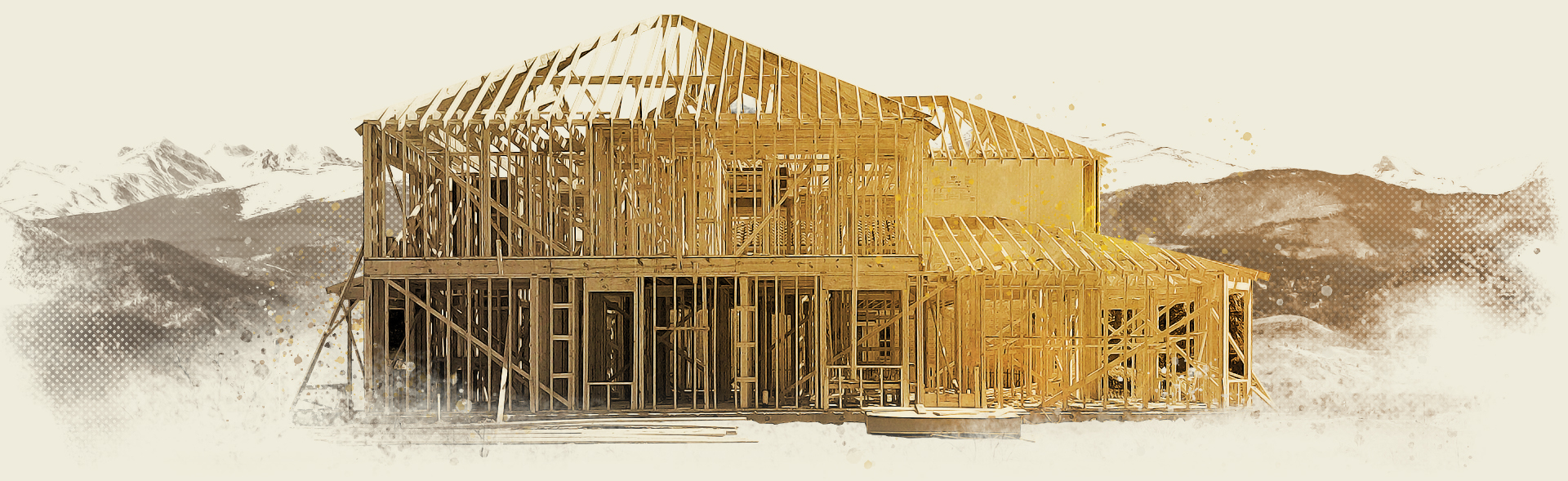Wooden frame of a house under construction with mountainous background.