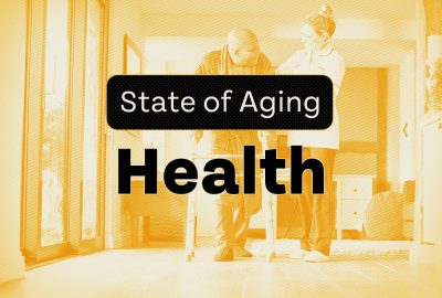 Healthcare worker assisting an elderly man with a walker, overlaid with the text "state of aging".
