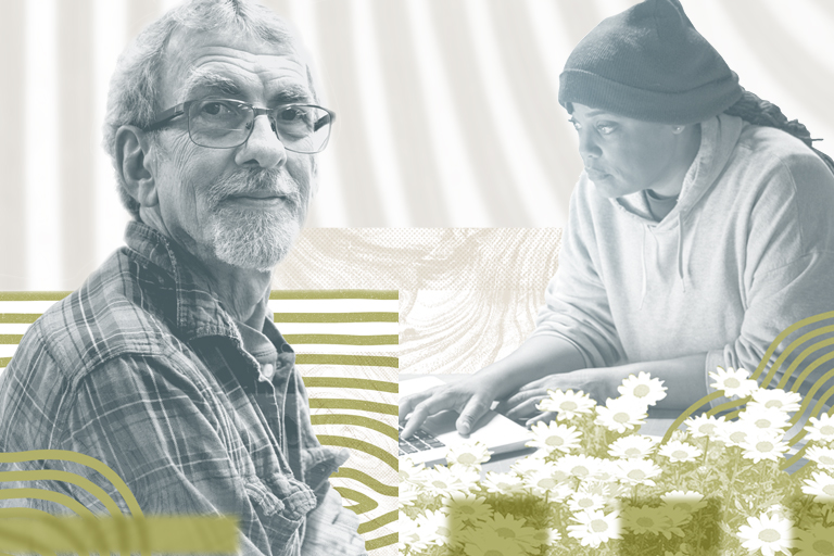 An artistic collage featuring a senior man looking towards the camera and a person in a beanie engrossed in reading about crime in Colorado, set against a backdrop of graphic patterns and flowers.