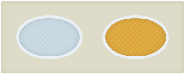 Two round buttons: one is blue with a polka dot pattern, the other is orange with a Proposition 121 pattern.