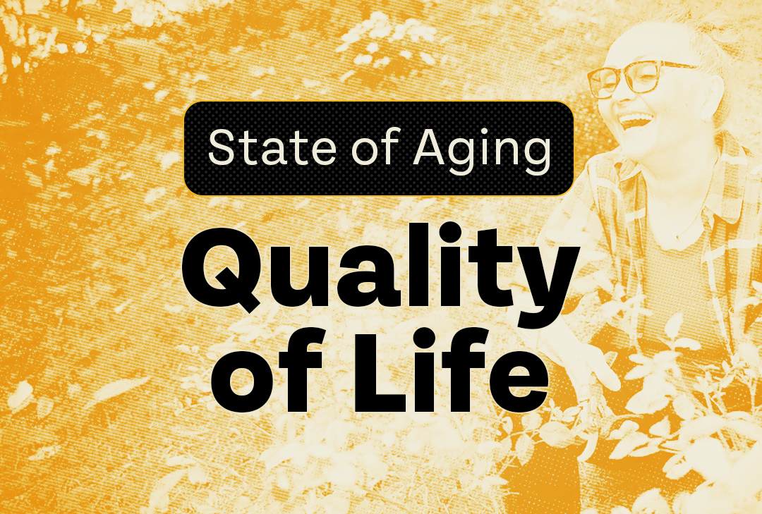 Smiling senior person with a text overlay discussing 'State of Aging' and 'Quality of Life'.