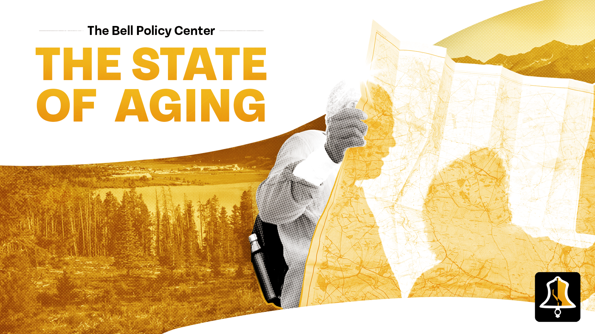 Graphic illustration for the bell policy center's report on 'the state of aging' featuring a silhouette of an elderly person leaning on a cane against a backdrop of a mountainous landscape.