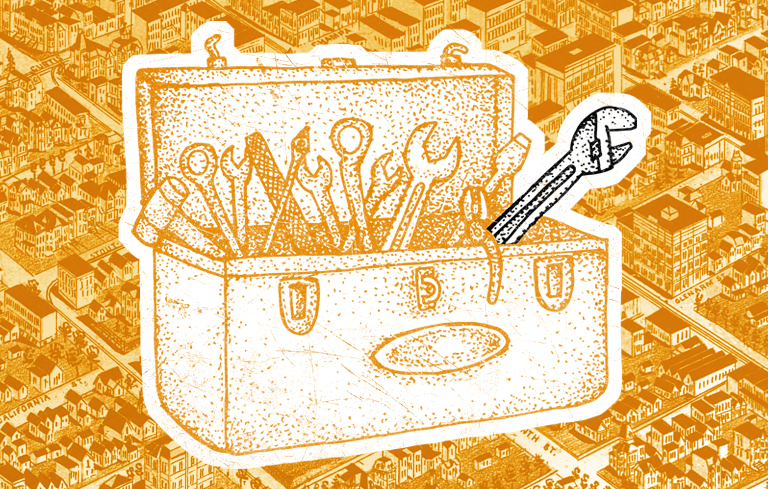 An illustrated tool box with a variety of tools on a background patterned with buildings and Hennepin County property tax information.