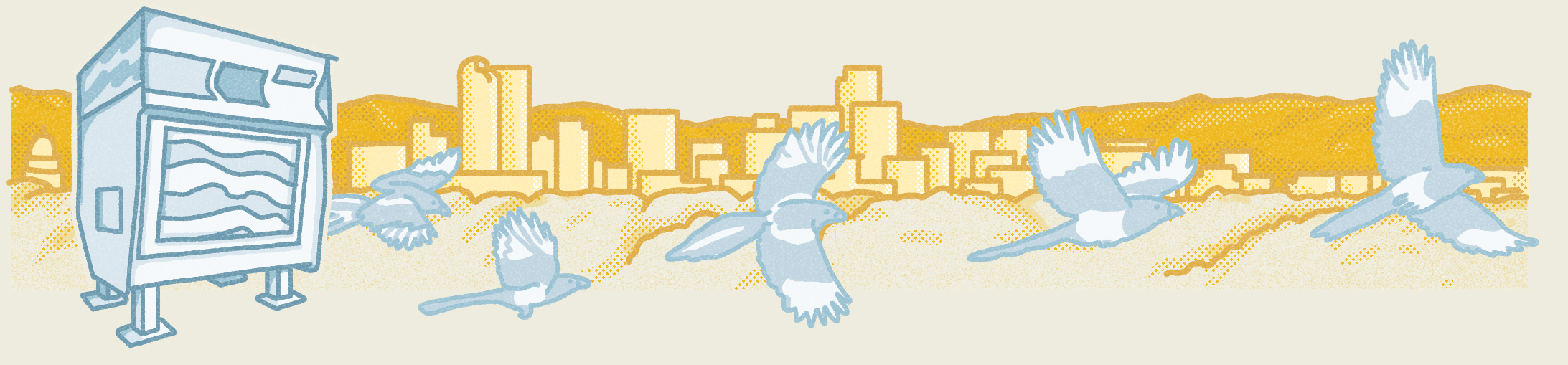 A stylized illustration of pigeons in flight in front of a city skyline and an open newspaper box featuring the 2022 Colorado Ballot Guide.