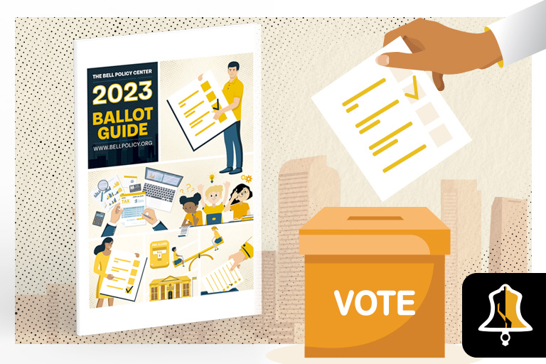A hand casting a ballot in a vote box with a 2023 Colorado Ballot Guide poster featuring Proposition HH in the background.