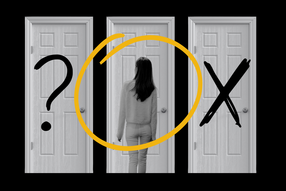A person stands facing three closed doors, symbolizing Tough Choices; the middle door is circled in yellow, the left has a question mark, and the right displays a large X—hinting at decisions ahead for Special Session 2025.
