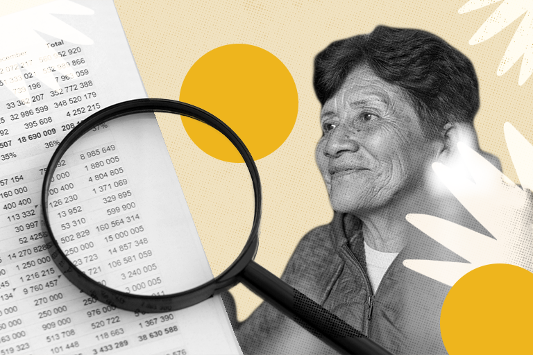 A grayscale photo of an older woman is overlaid with a sheet of data, a magnifying glass, and graphic yellow circles and white shapes on a beige background, highlighting the experiences of older Coloradans.