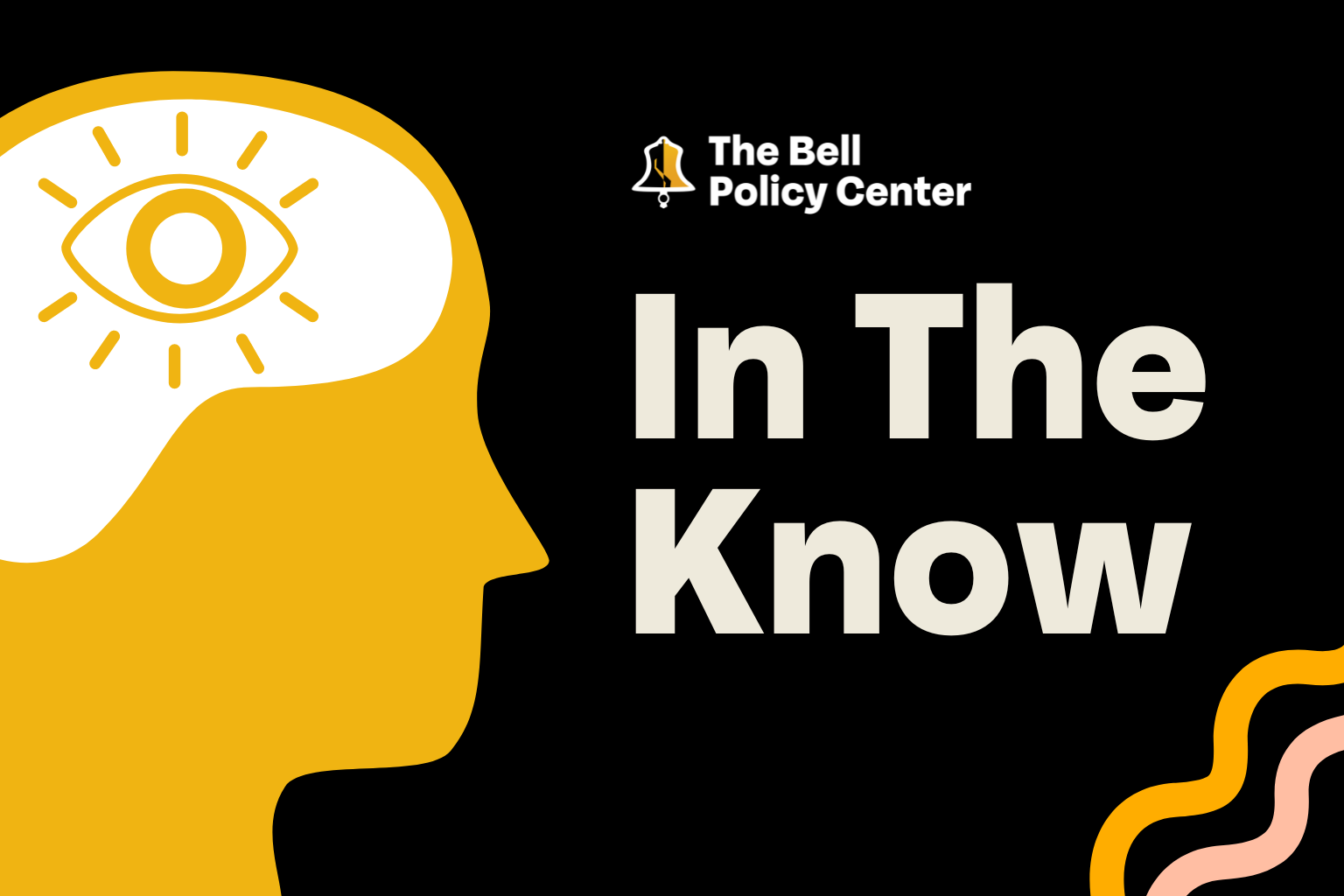 Graphic illustration depicting a human head silhouette with a lightbulb above, symbolizing ideas or knowledge, alongside the text "the bell policy center" and "in the know about Colorado issues.
