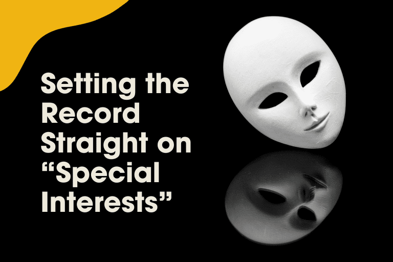 White mask with reflection on a black surface, alongside text discussing "special interests" and setting the record straight.