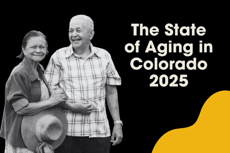 An elderly couple stands smiling, holding hands beside bold text that reads "State of Aging in Colorado 2025" on a black background with a yellow abstract shape.