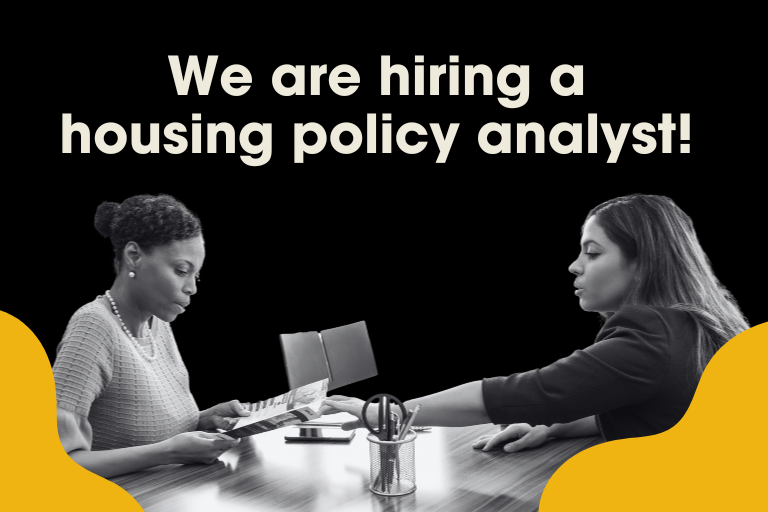 Policy analyst wanted. Image shows two people collaborating on work.