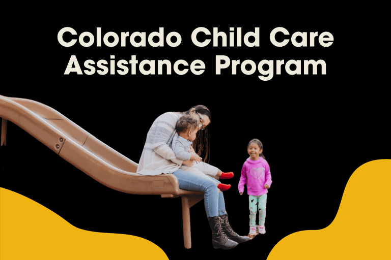 Promotional graphic for Colorado Child Care Assistance Program with two adults and a child near a playground slide.
