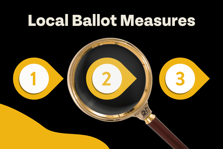 A magnifying glass focusing on local ballot measures, symbolized by numbered icons, examines these pivotal local ballot measures in detail.