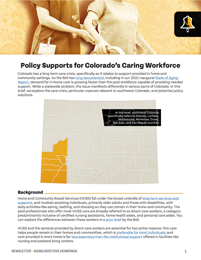 Colorado addresses senior care challenges and support systems in the wake of Covid-19, focusing on the impact on aging Coloradans, with emphasis on in-home care, nursing facilities, and county-level data