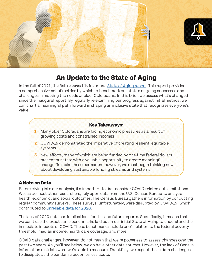A mock-up of a report titled "an update to the state of aging," which discusses the impact of covid-19 on the elderly population and highlights key takeaways and notes on data availability.