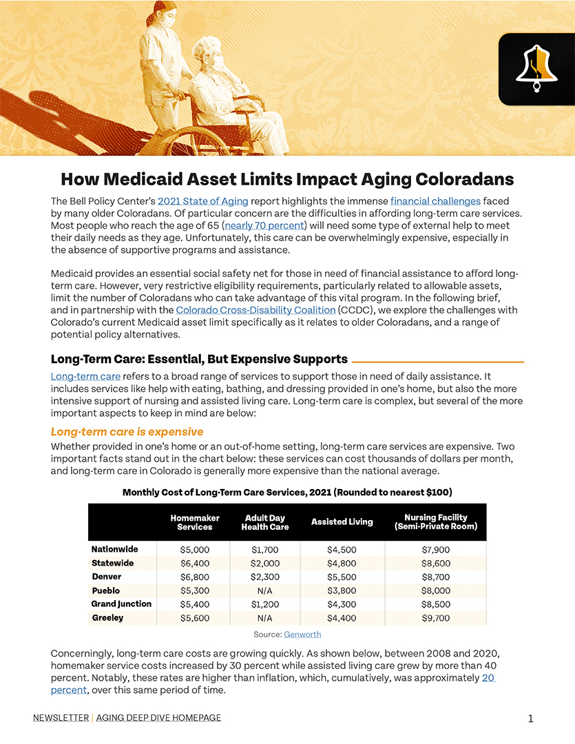 Graphical presentation of the bell policy center's caring workforce and asset state of aging report highlighting financial challenges faced by older Coloradans, with associated statistics and policy recommendations.