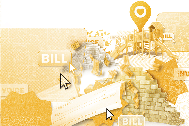 Graphic illustration of financial documents and icons representing billing and invoicing in an abstract layout.