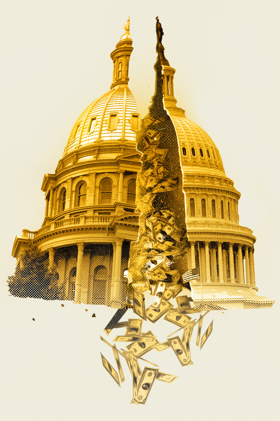 A conceptual image of a crumbling government building with federal funding flowing out, implying financial decay or loss.