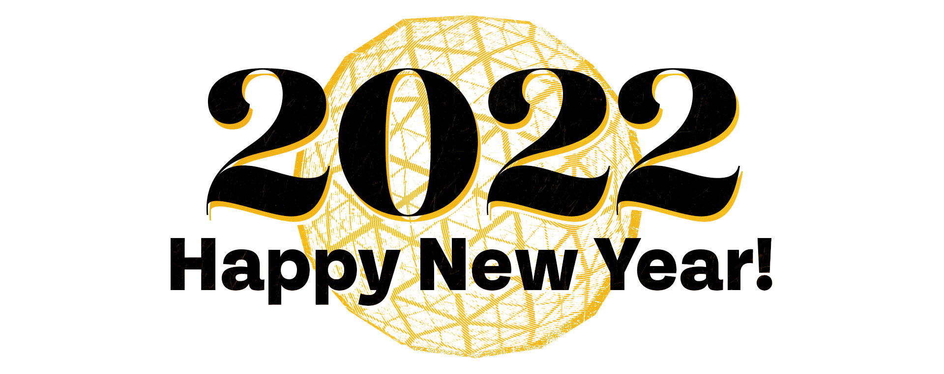 Golden and white New Year 2022 celebration graphic on a black background.