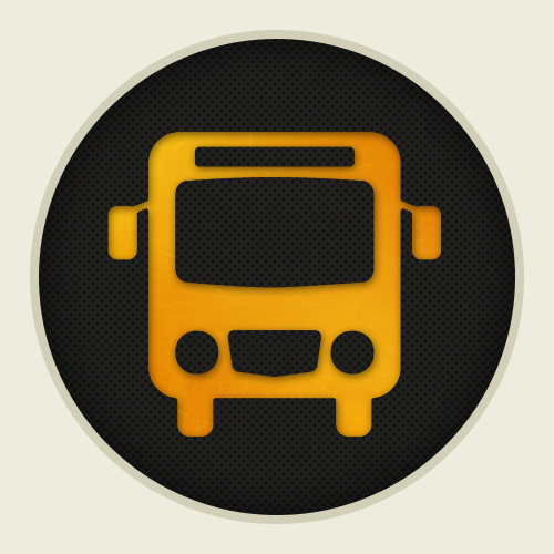 Yellow bus icon on a black circular background with an arpa funding textured pattern.
