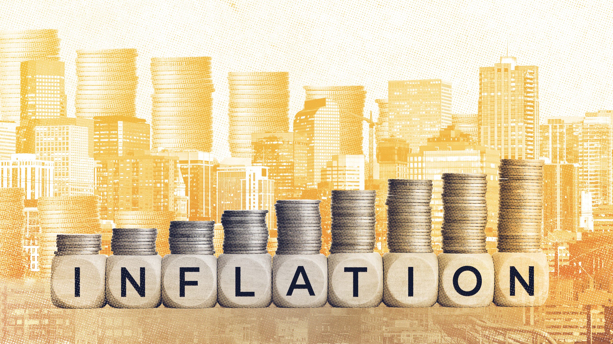 Increasing coin stacks with the word "inflation" in front of a city skyline.