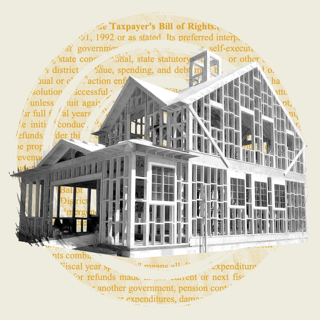 Black and white illustration of a skeletal house structure overlaid with transparent text related to the Colorado Legislative Session.