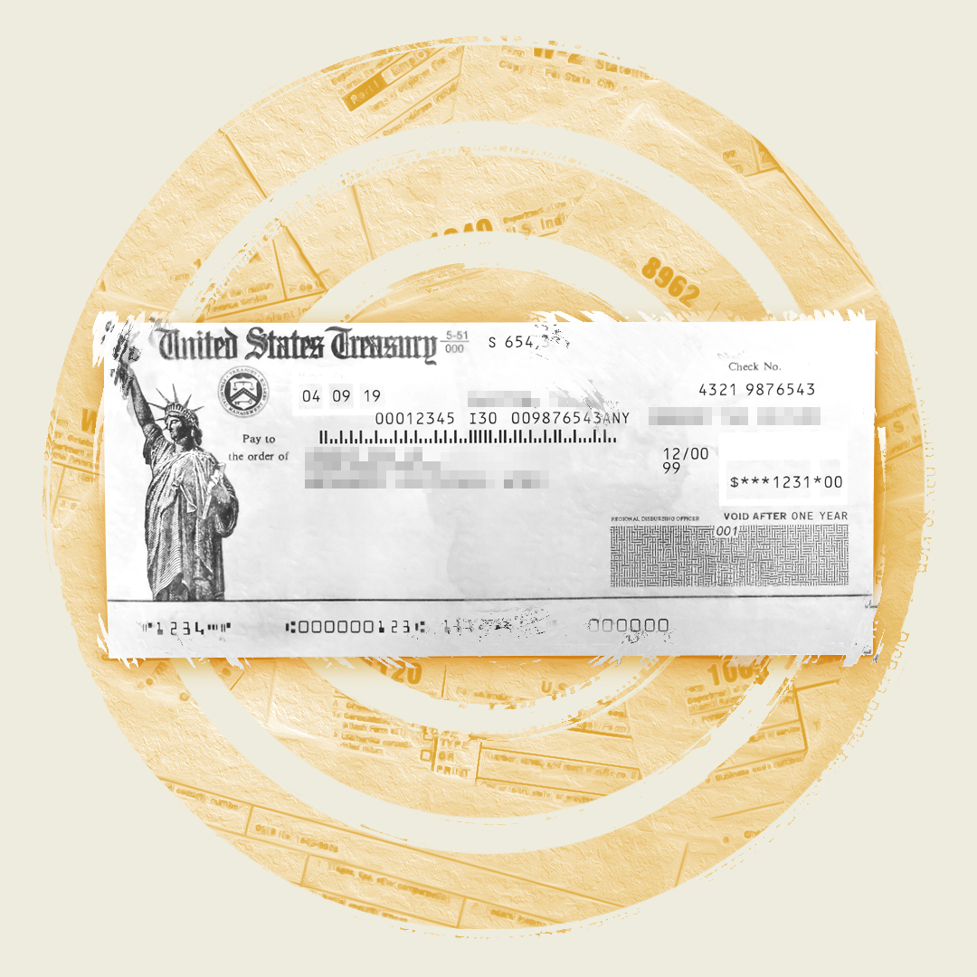 A United States treasury check, representing tax relief, overlaid on a circular yellow-toned abstract background.
