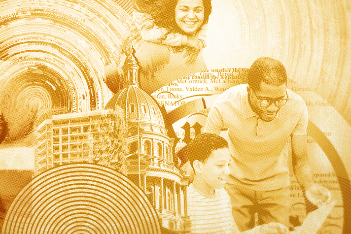 A sepia-toned collage blending images of people, architecture, and text, creating an abstract representation of culture and tax relief.