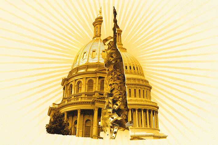 Sepia-toned illustration of a capitol-like building with ARPA funding, featuring a tower of assorted chairs protruding from its dome, against a radiating line background.