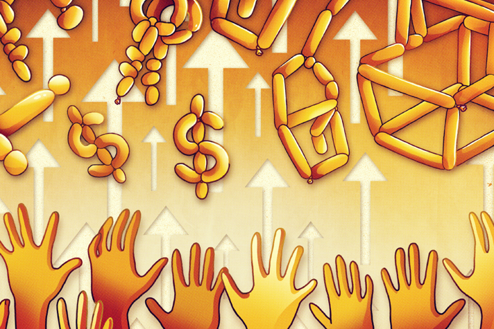 Illustration of numerous raised hands reaching for financial symbols like dollar signs and arrows pointing upwards, suggesting a concept like economic growth, investment, or financial aspirations.