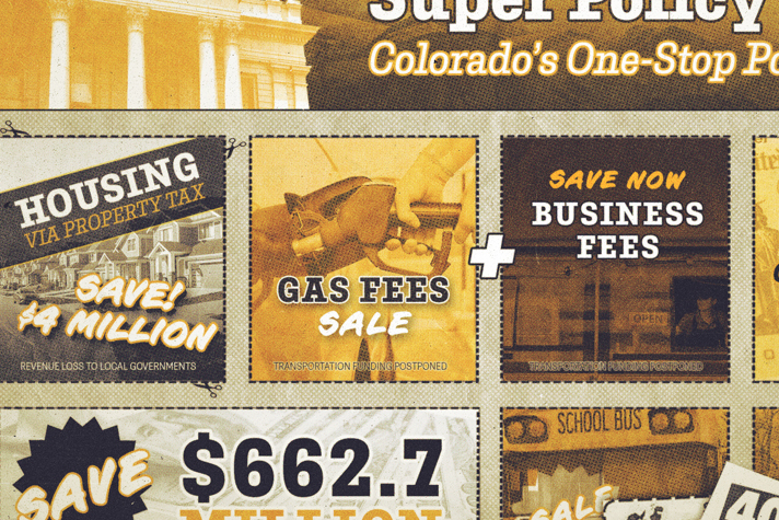 A collage of discount and sale signs designed to resemble fiscal policy benefits, suggesting savings on budget-related public expenses like taxes and fees.
