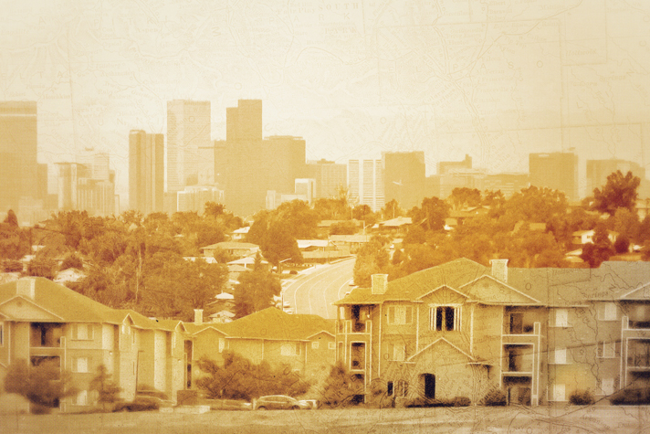 Sepia-toned cityscape showing residential buildings with Colorado housing in the foreground, along with a downtown skyline in the background.